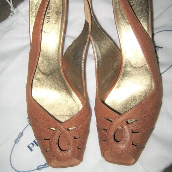 ❤️AMAZING! PRADA Italy Brown Peeptoe Slingback Sandals Shoes 38.5 +Dustb… - Picture 2 of 7